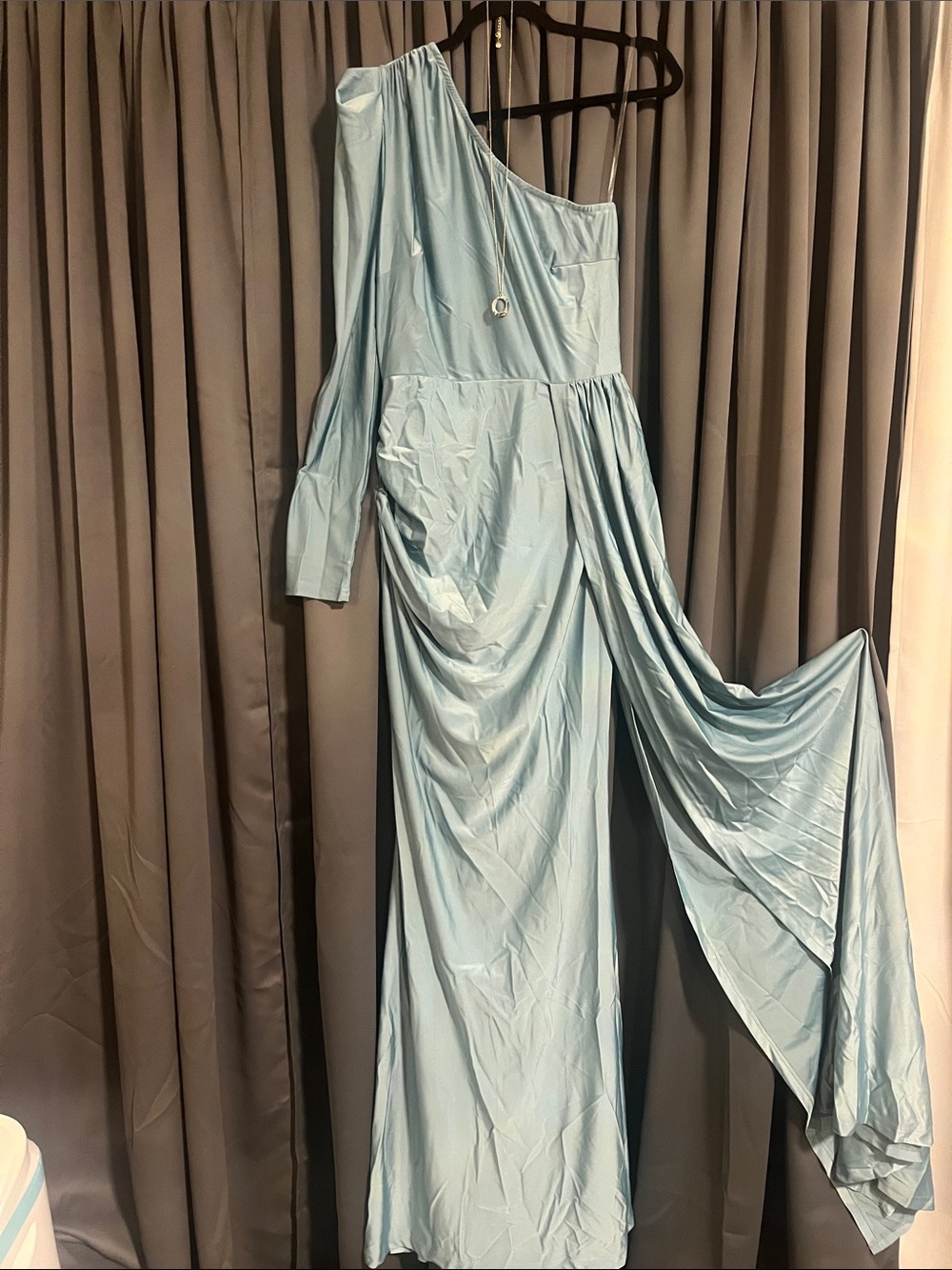 One-Shoulder Light Blue Draped Evening Gown